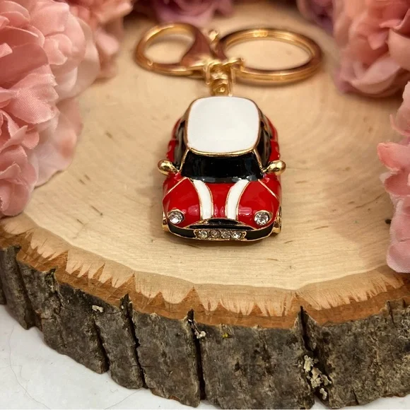 Retro Red and White Mini Cooper Car Keychain Charm - Picture 7 of 16